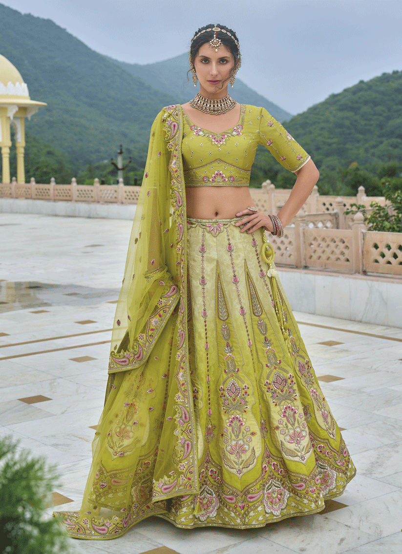 Ombre Green Heavy Embroidered Silk Designer Lehenga Choli