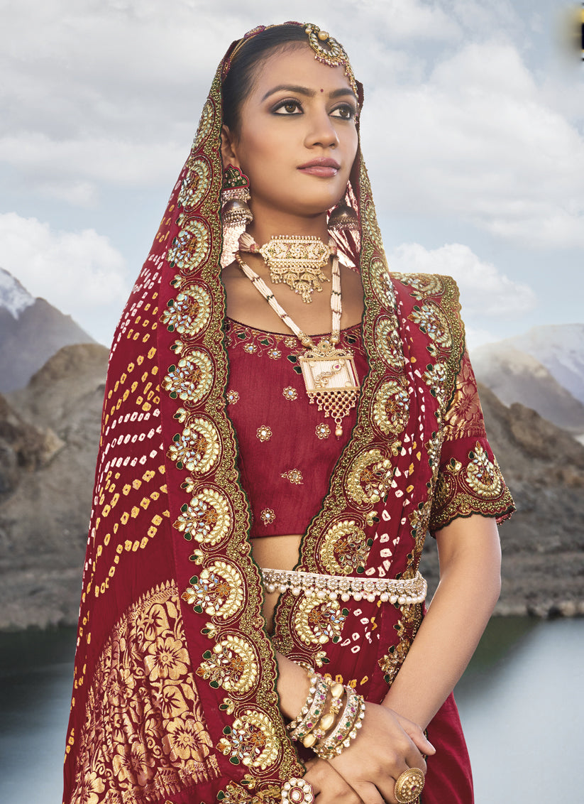 Maroon Heavy Bandhej Designer Saree