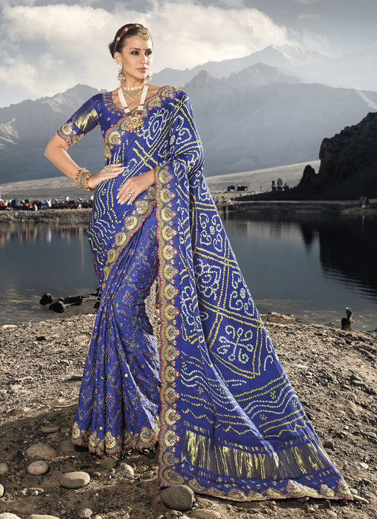 Royal Blue Heavy Bandhej Designer Saree