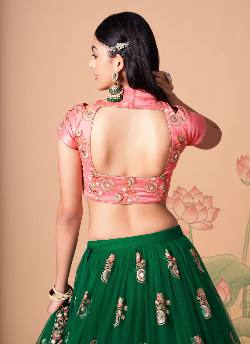 Forest Green Net Embroidered Designer Lehenga Choli