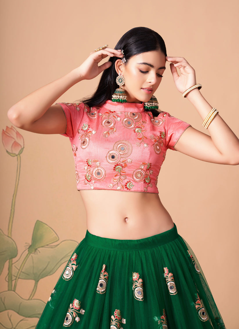 Forest Green Net Embroidered Designer Lehenga Choli
