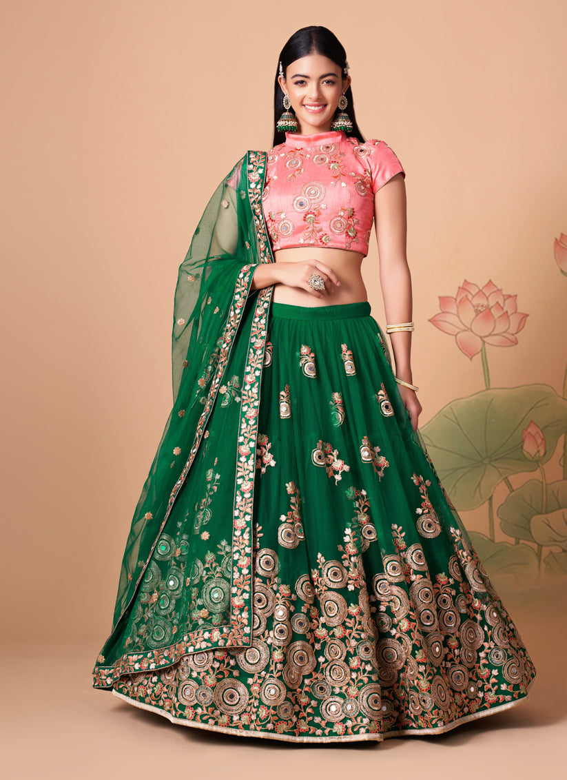 Forest Green Net Embroidered Designer Lehenga Choli