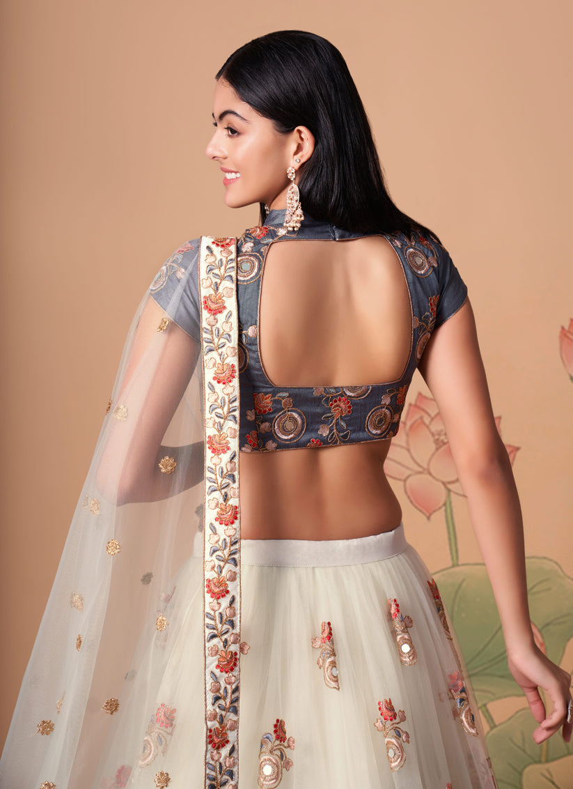 Off White Net Embroidered Designer Lehenga Choli
