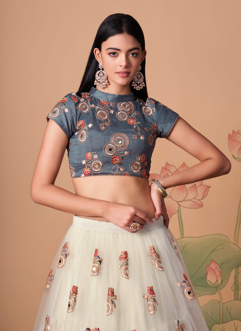 Off White Net Embroidered Designer Lehenga Choli