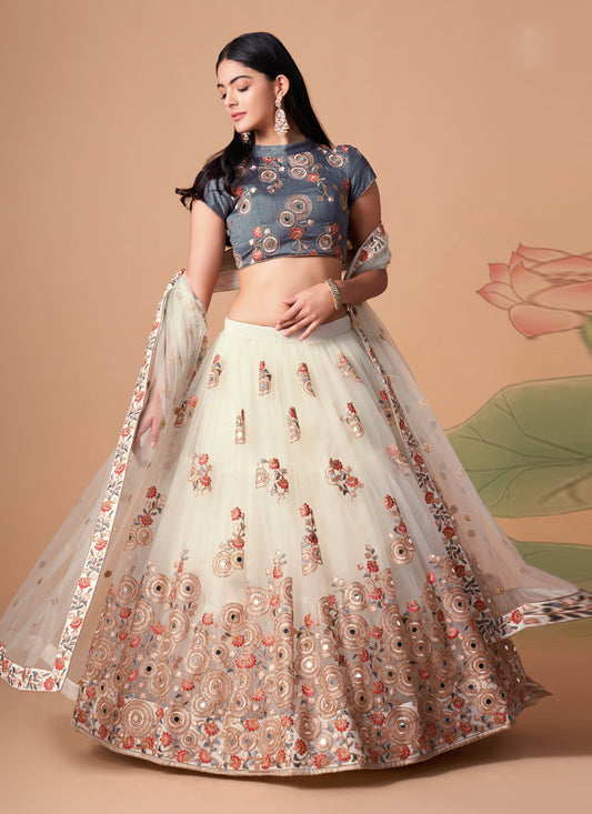 Off White Net Embroidered Designer Lehenga Choli