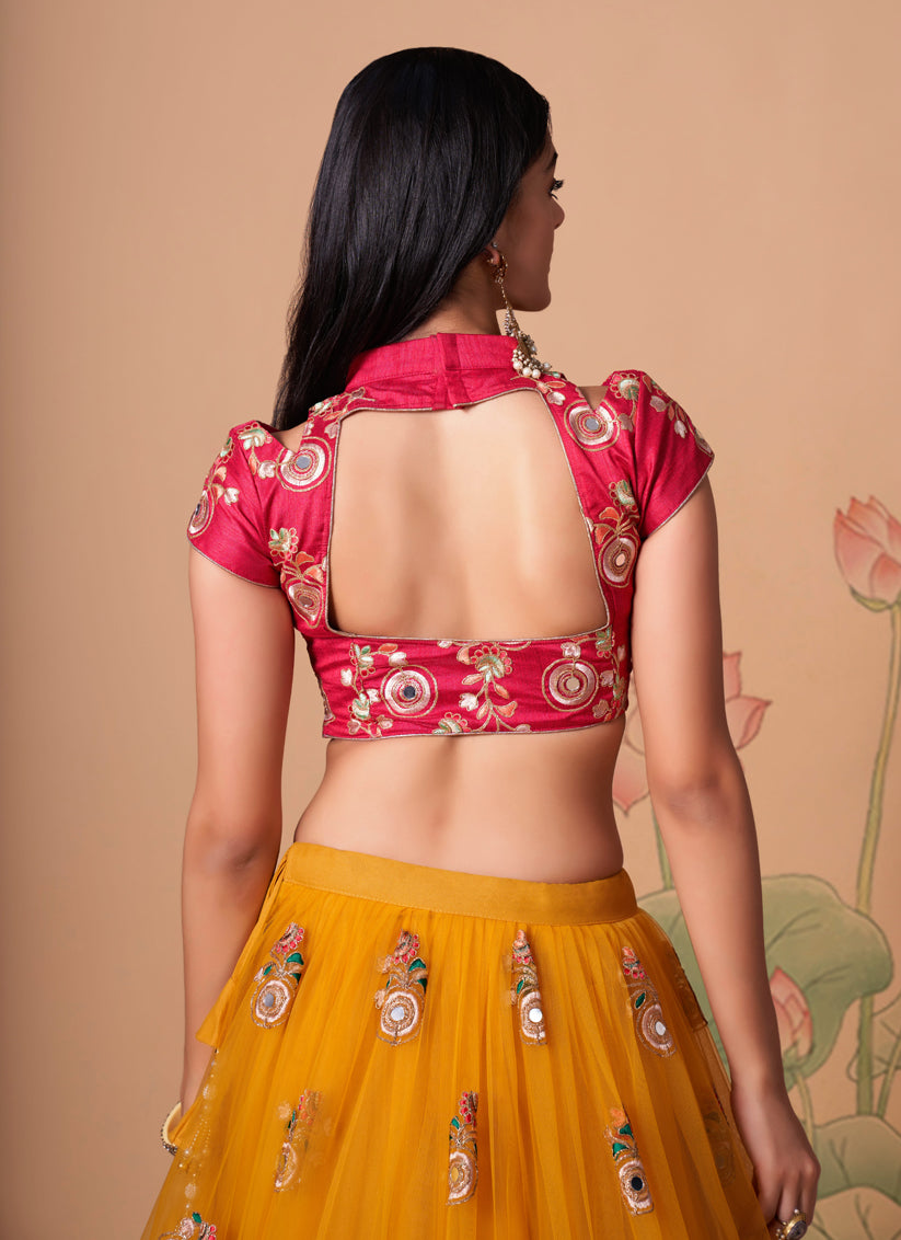 Golden Yellow Net Embroidered Designer Lehenga Choli