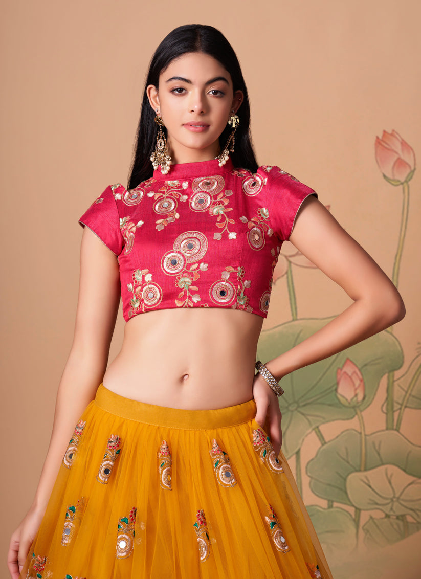 Golden Yellow Net Embroidered Designer Lehenga Choli