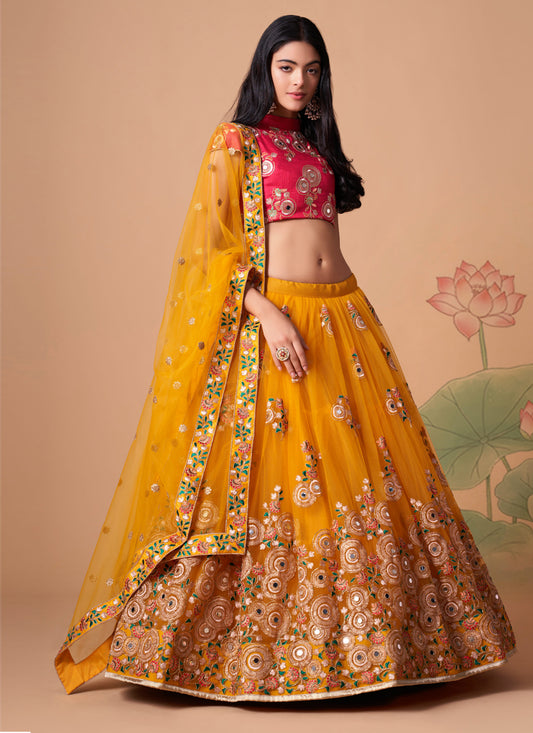 Golden Yellow Net Embroidered Designer Lehenga Choli
