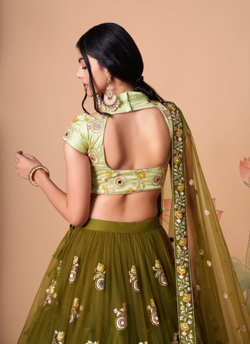 Mehendi Green Net Embroidered Designer Lehenga Choli