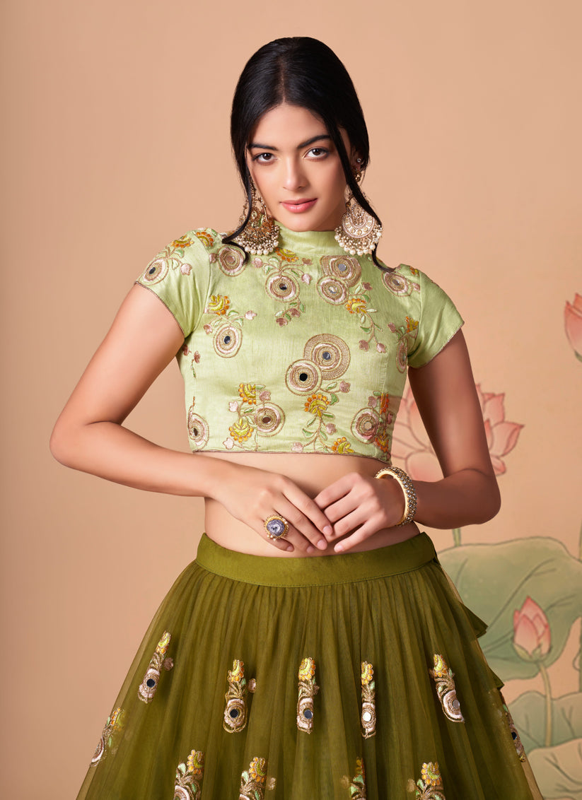 Mehendi Green Net Embroidered Designer Lehenga Choli