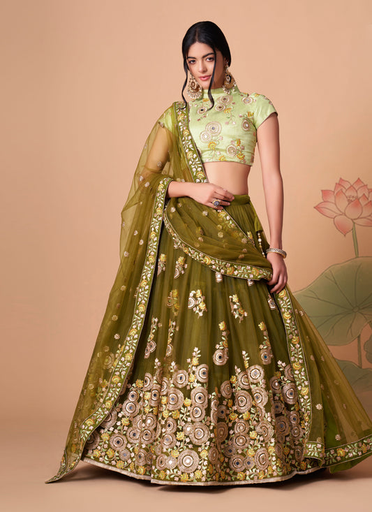 Mehendi Green Net Embroidered Designer Lehenga Choli