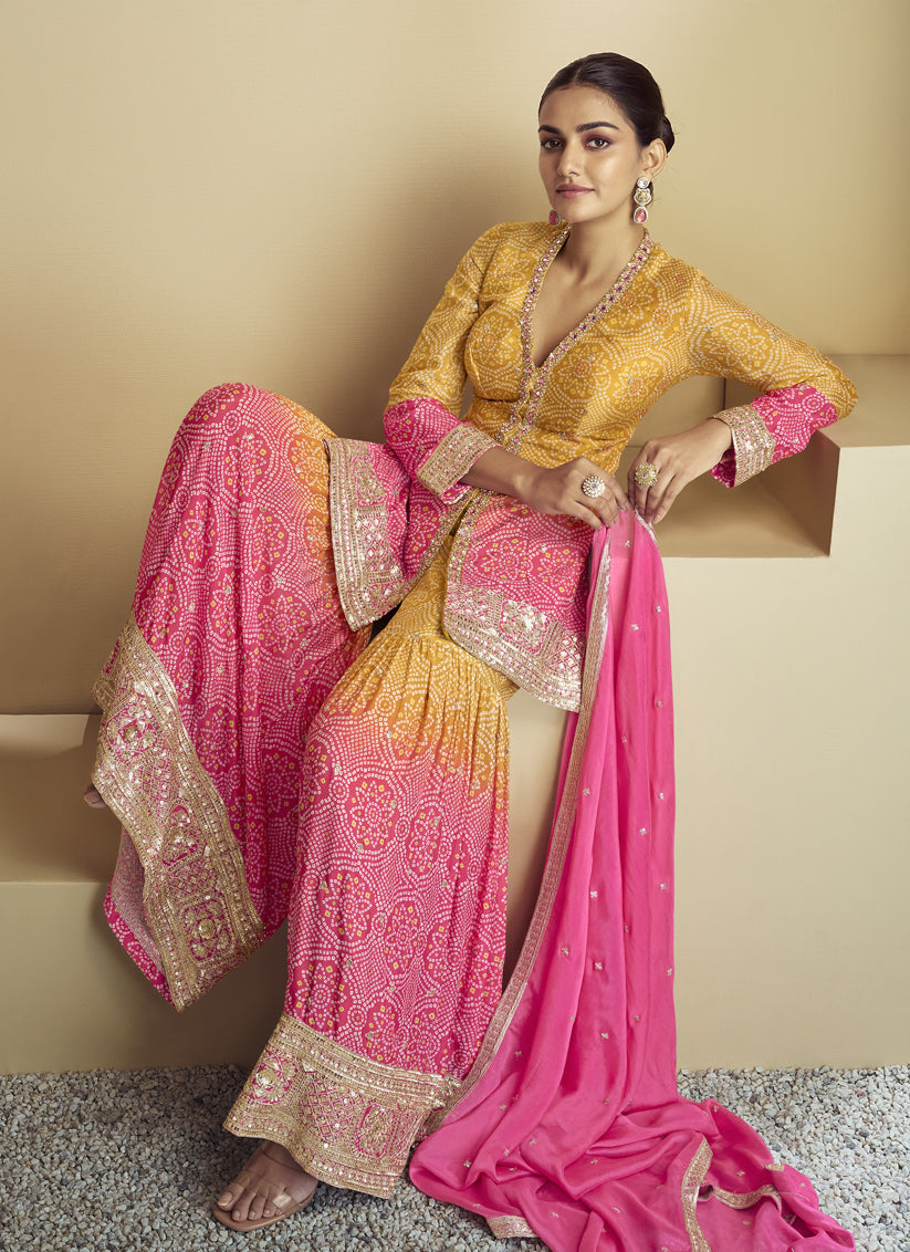 Rani Pink and Mustard Chinnon Embroidered Designer Sarara Kameez