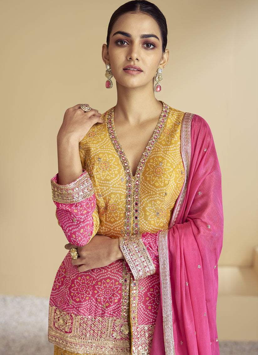 Rani Pink and Mustard Chinnon Embroidered Designer Sarara Kameez