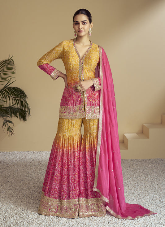 Rani Pink and Mustard Chinnon Embroidered Designer Sarara Kameez