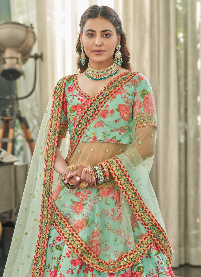 Ice Mint Art Silk Floral Print Lehenga Choli