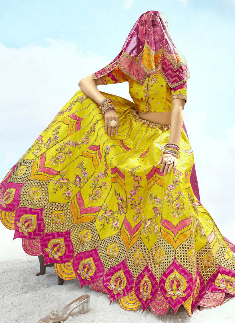 Lime Yellow Silk Embroidered Designer Wedding Lehenga Choli Set