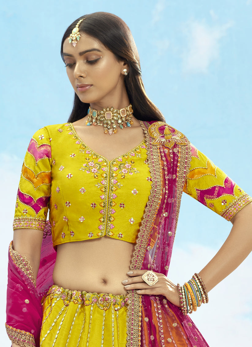 Lime Yellow Silk Embroidered Designer Wedding Lehenga Choli Set