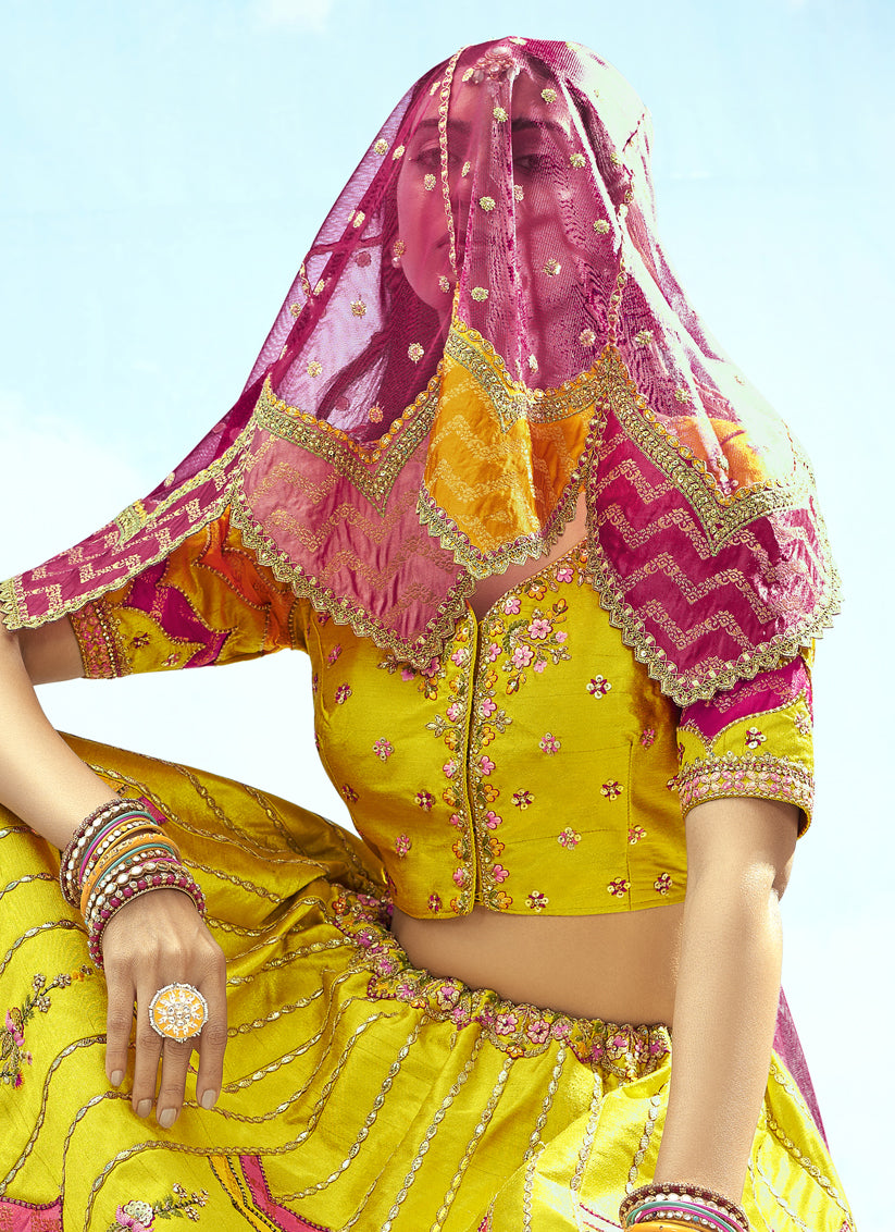 Lime Yellow Silk Embroidered Designer Wedding Lehenga Choli Set