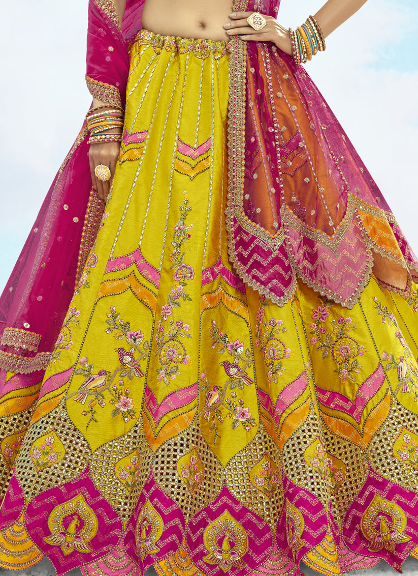 Lime Yellow Silk Embroidered Designer Wedding Lehenga Choli Set