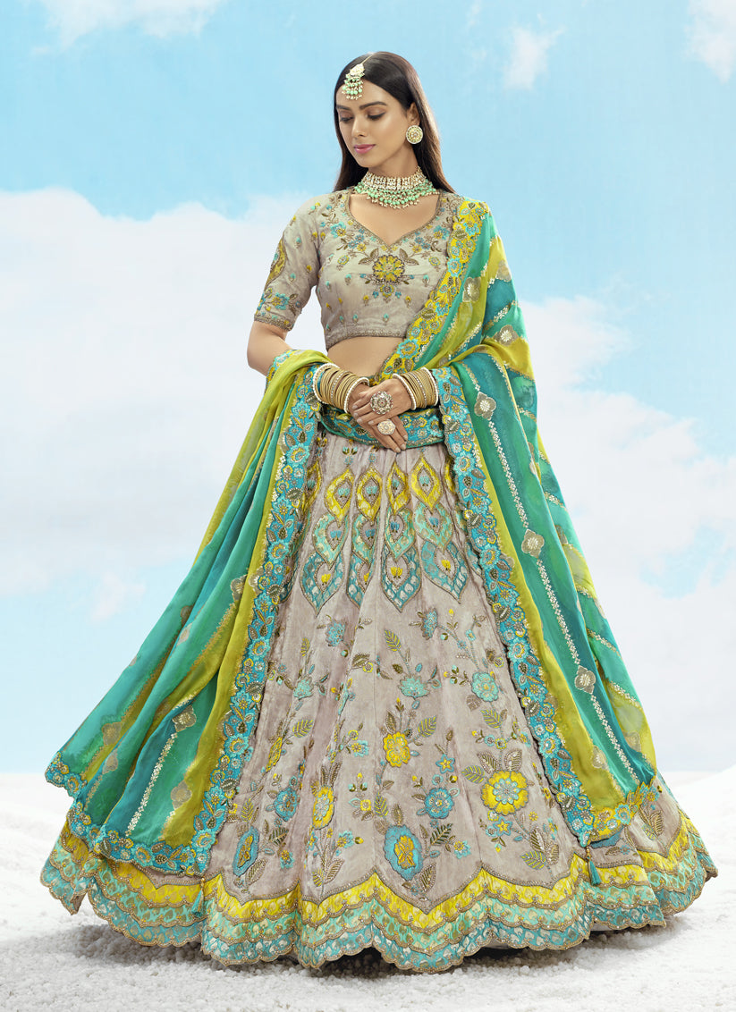 Ash Grey Silk Embroidered Designer Wedding Lehenga Choli Set