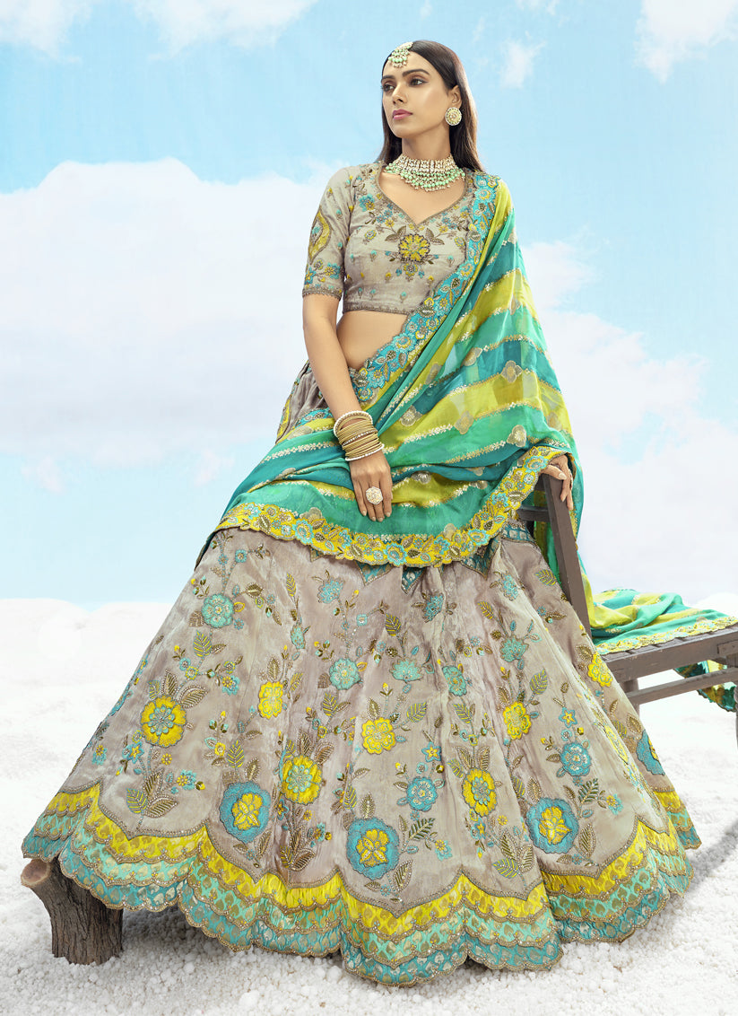 Ash Grey Silk Embroidered Designer Wedding Lehenga Choli Set