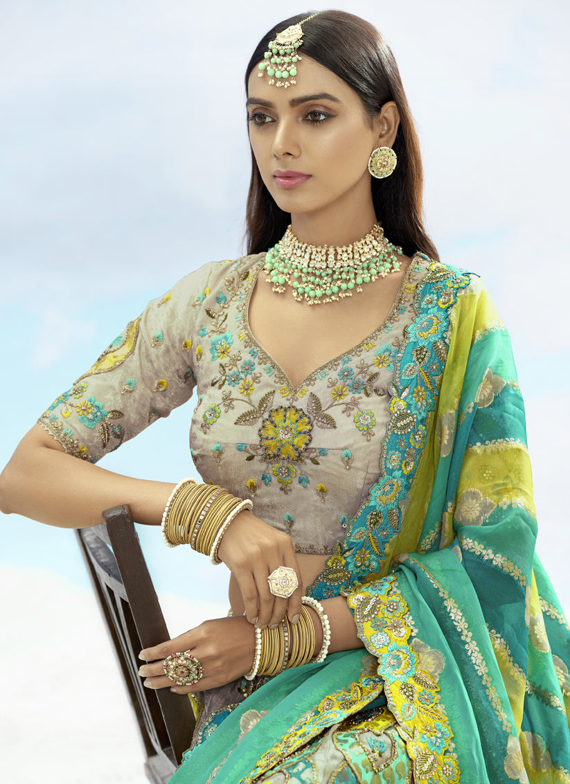 Ash Grey Silk Embroidered Designer Wedding Lehenga Choli Set