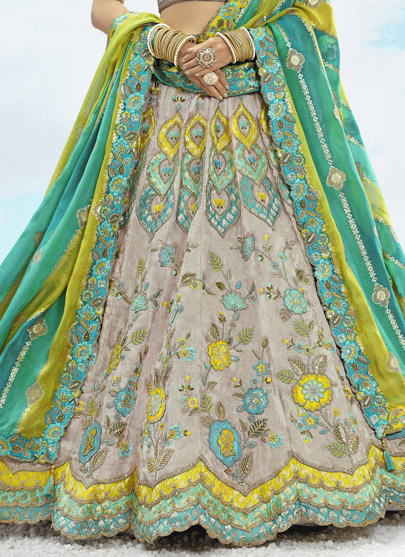 Ash Grey Silk Embroidered Designer Wedding Lehenga Choli Set