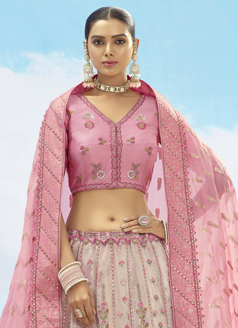 Ash Grey and Rose Pink Silk Embroidered Designer Wedding Lehenga Choli Set