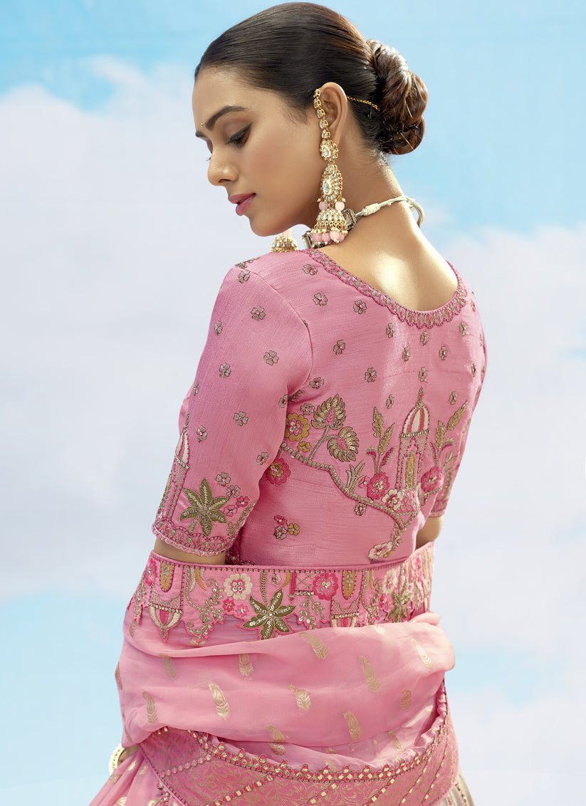 Ash Grey and Rose Pink Silk Embroidered Designer Wedding Lehenga Choli Set