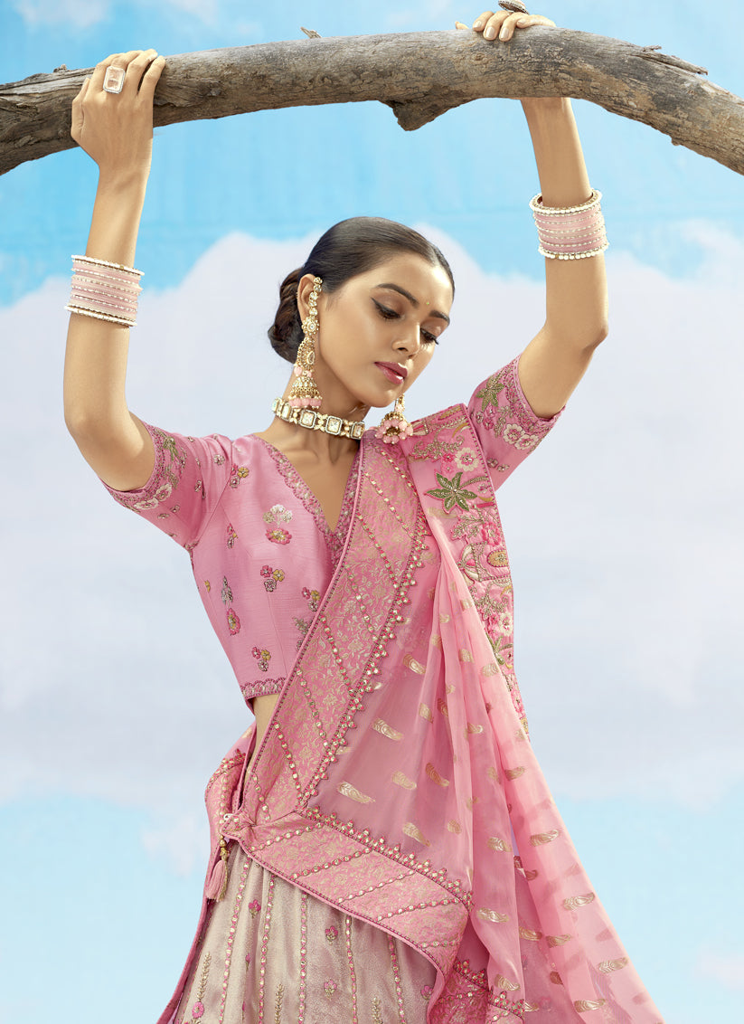 Ash Grey and Rose Pink Silk Embroidered Designer Wedding Lehenga Choli Set