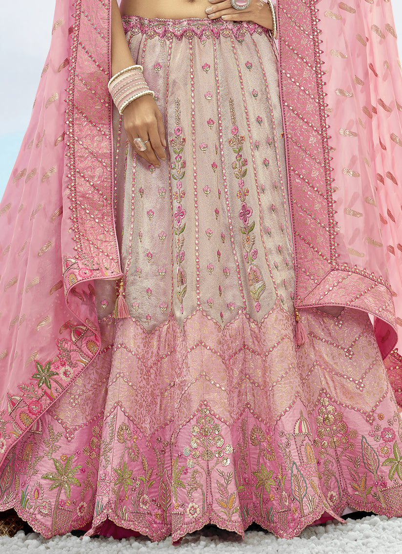 Ash Grey and Rose Pink Silk Embroidered Designer Wedding Lehenga Choli Set