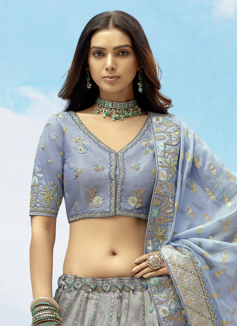 Silver Grey Silk Embroidered Designer Wedding Lehenga Choli Set