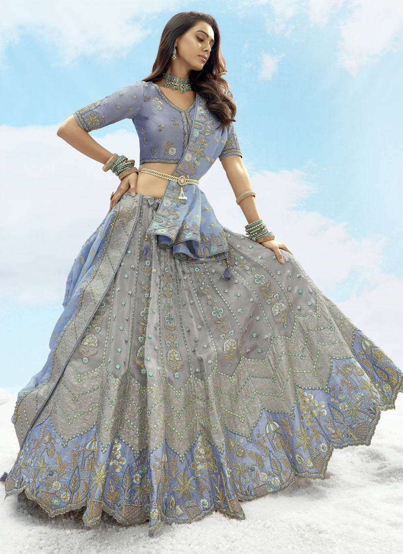 Silver Grey Silk Embroidered Designer Wedding Lehenga Choli Set