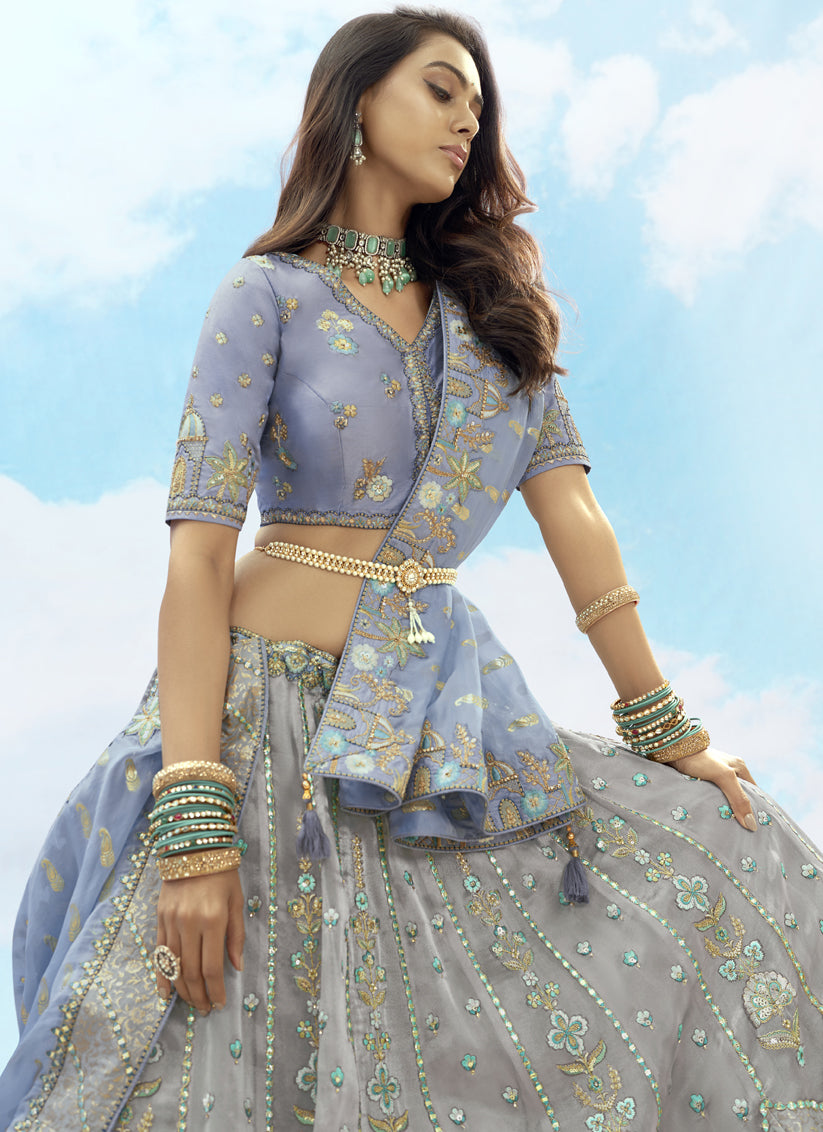 Silver Grey Silk Embroidered Designer Wedding Lehenga Choli Set