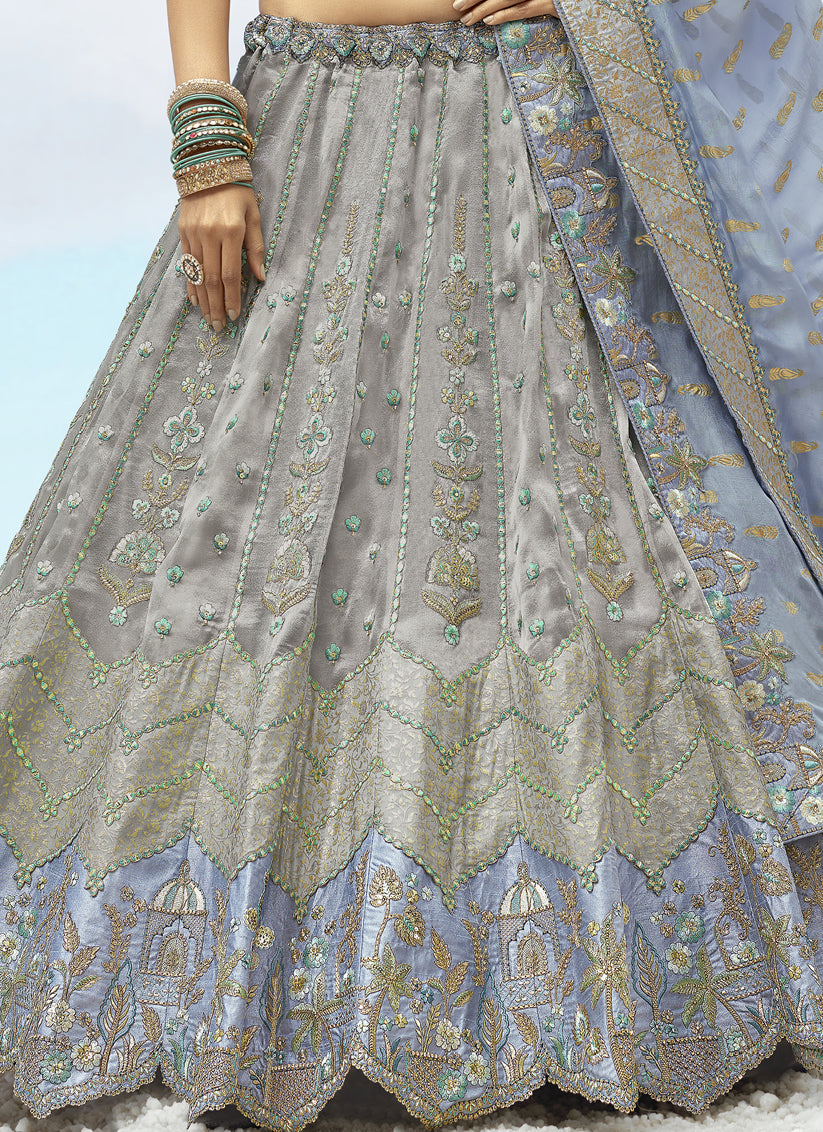Silver Grey Silk Embroidered Designer Wedding Lehenga Choli Set