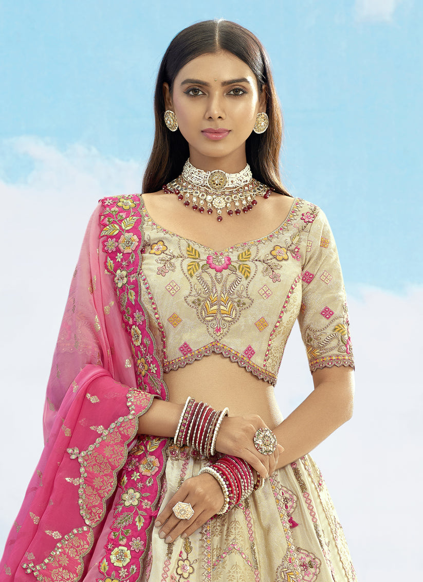 Cream Silk Embroidered Designer Wedding Lehenga Choli Set
