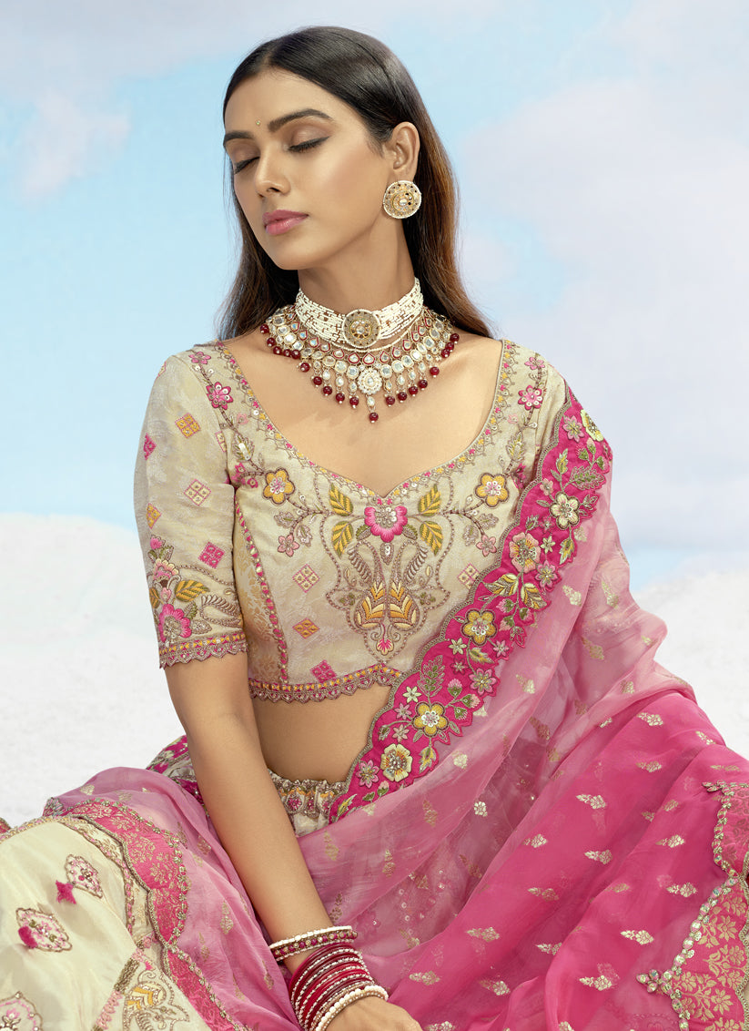 Cream Silk Embroidered Designer Wedding Lehenga Choli Set