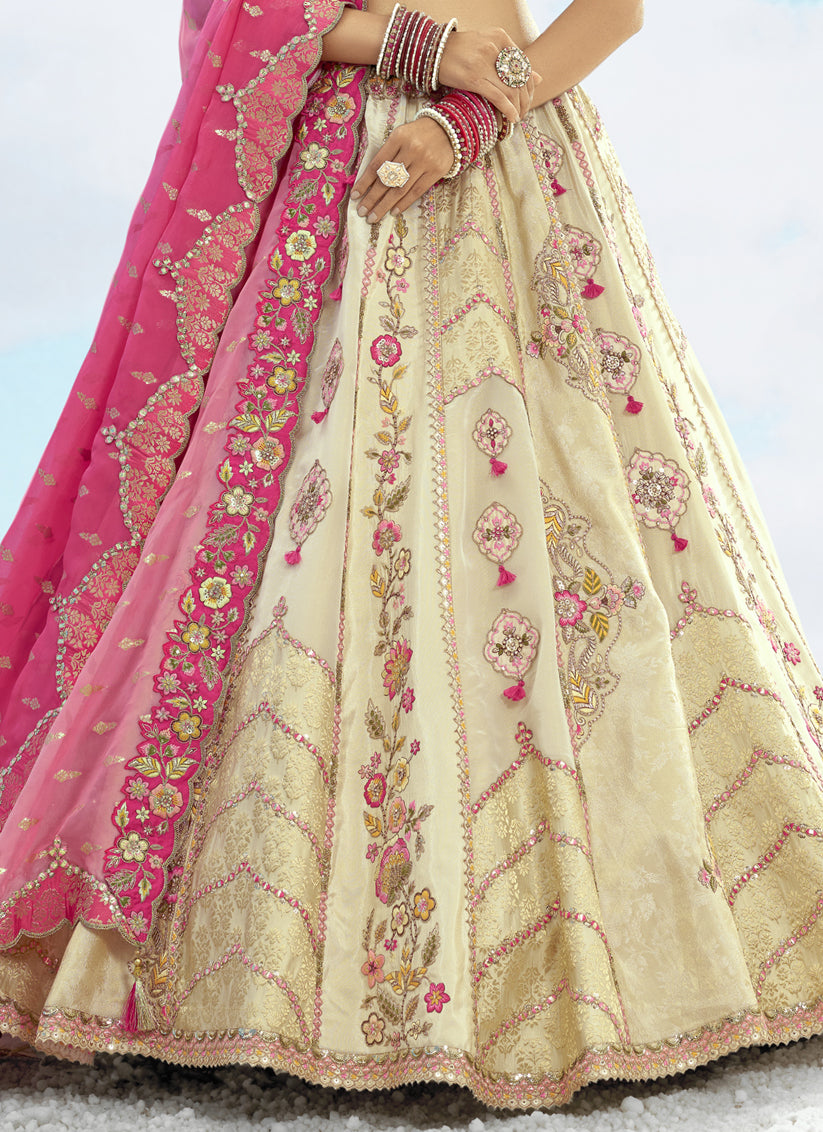 Cream Silk Embroidered Designer Wedding Lehenga Choli Set