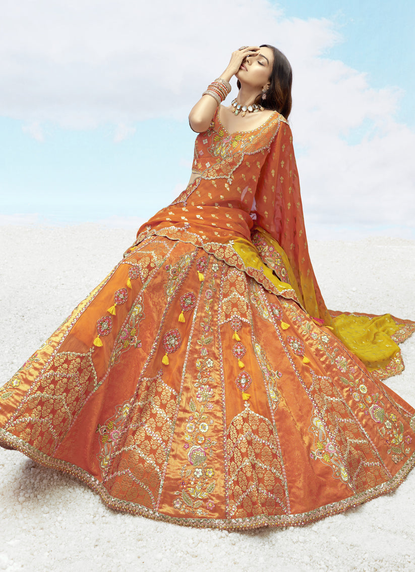 Tangy Orange Silk Embroidered Designer Wedding Lehenga Choli Set