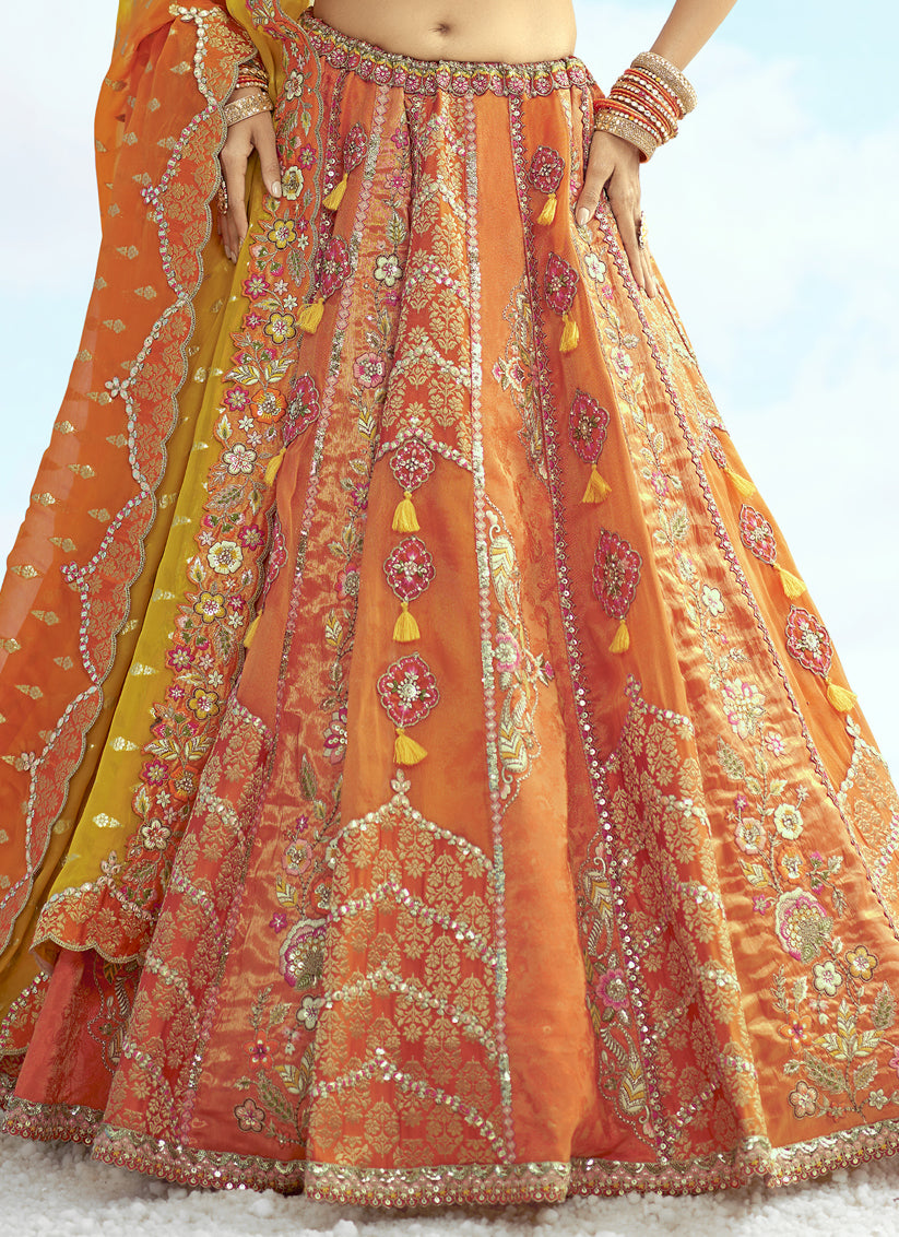 Tangy Orange Silk Embroidered Designer Wedding Lehenga Choli Set