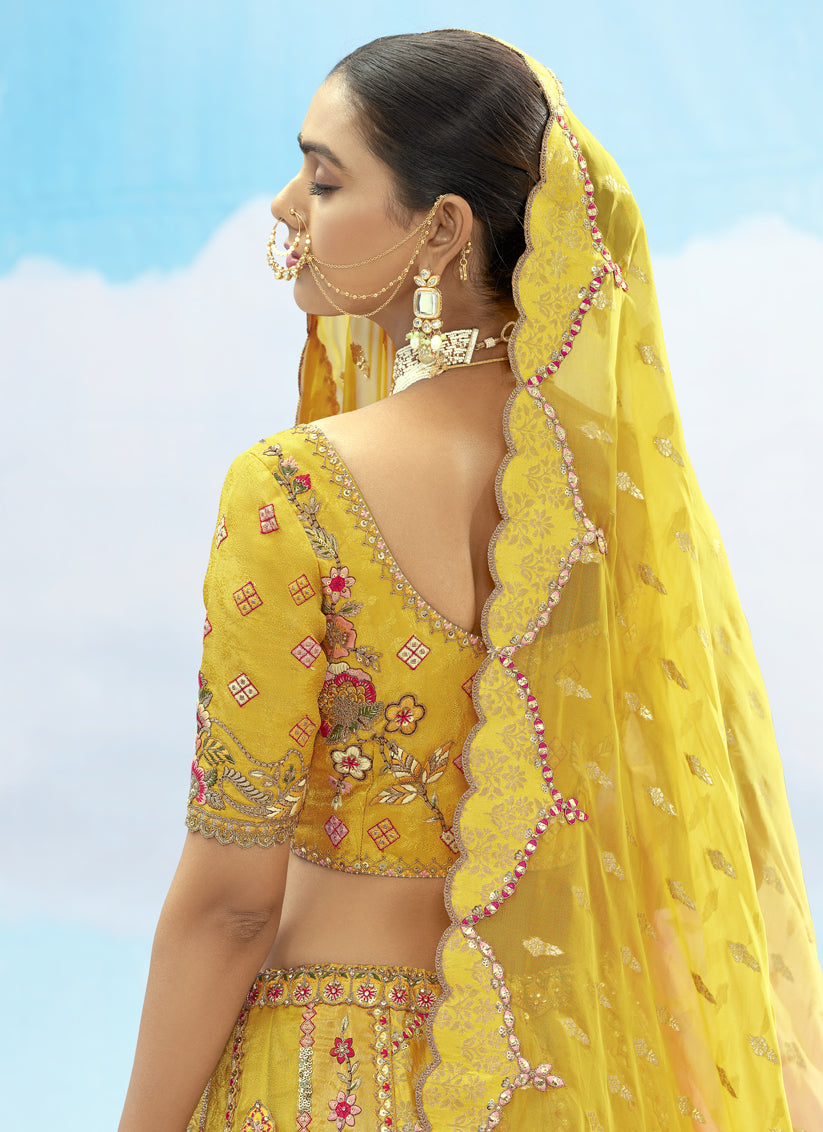 Lemon Yellow Silk Embroidered Designer Wedding Lehenga Choli Set
