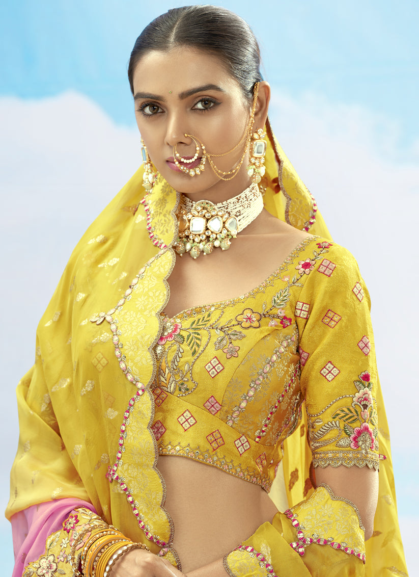 Lemon Yellow Silk Embroidered Designer Wedding Lehenga Choli Set
