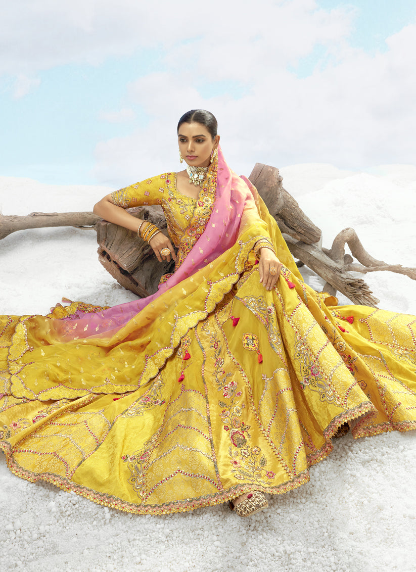 Lemon Yellow Silk Embroidered Designer Wedding Lehenga Choli Set
