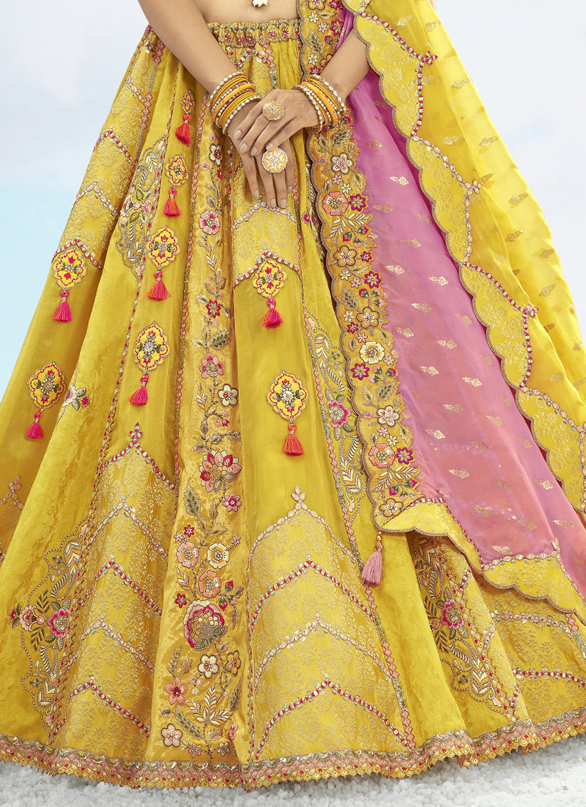 Lemon Yellow Silk Embroidered Designer Wedding Lehenga Choli Set