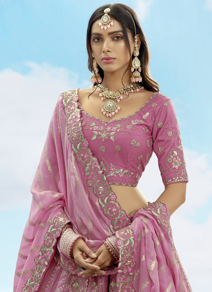 Puce Pink Silk Embroidered Designer Wedding Lehenga Choli Set