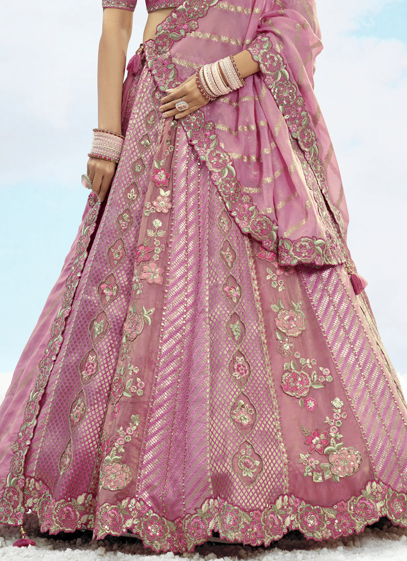 Puce Pink Silk Embroidered Designer Wedding Lehenga Choli Set