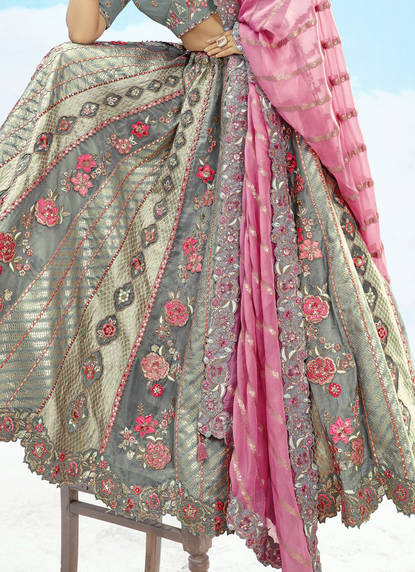 Grey Silk Embroidered Designer Wedding Lehenga Choli Set