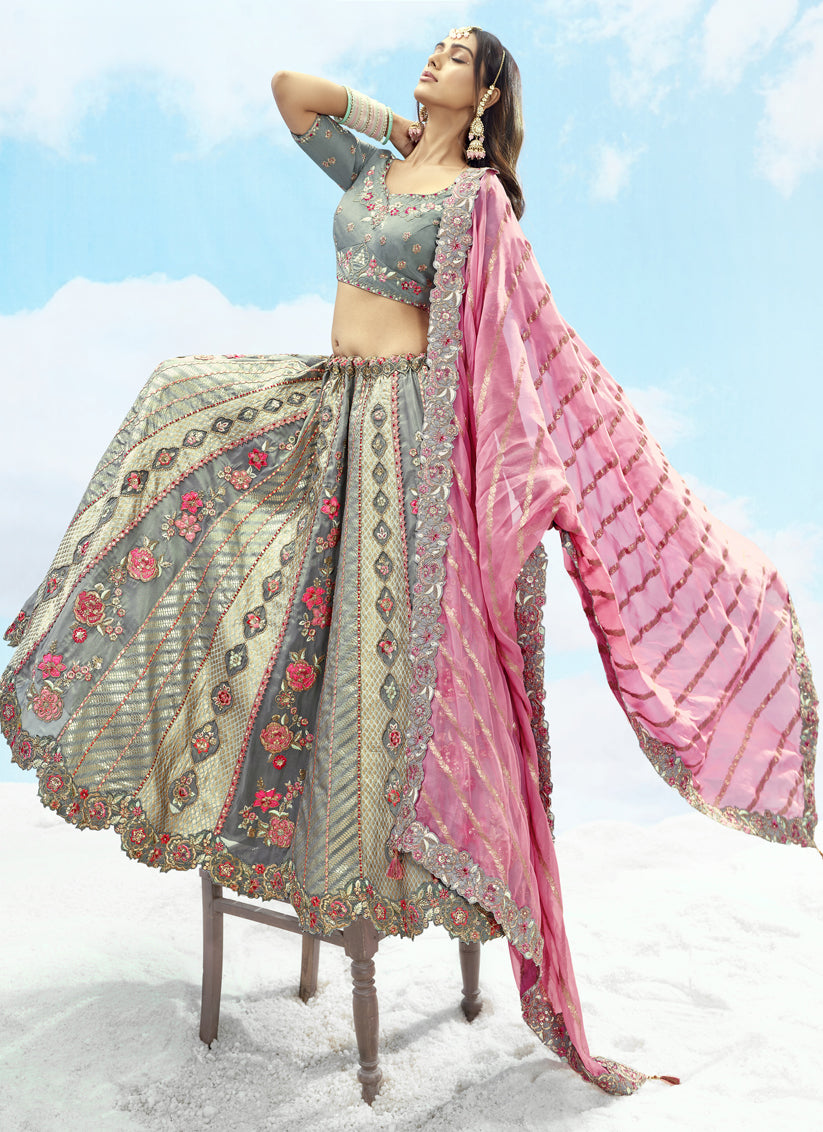 Grey Silk Embroidered Designer Wedding Lehenga Choli Set
