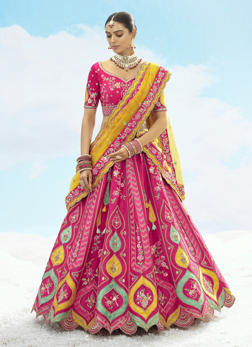 Rani Pink Silk Embroidered Designer Wedding Lehenga Choli Set