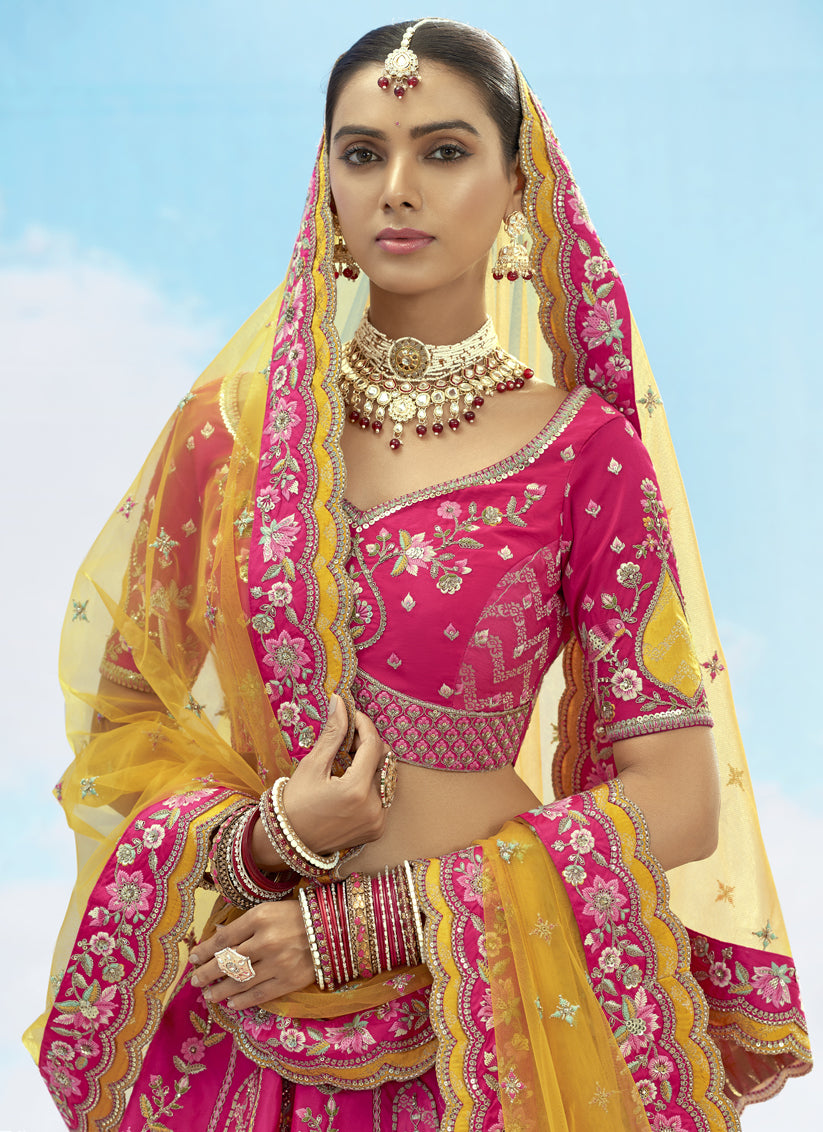 Rani Pink Silk Embroidered Designer Wedding Lehenga Choli Set